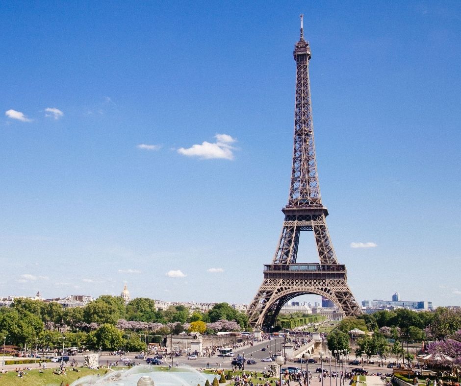 A view of the Eiffel Tower on a sunny day in Paris