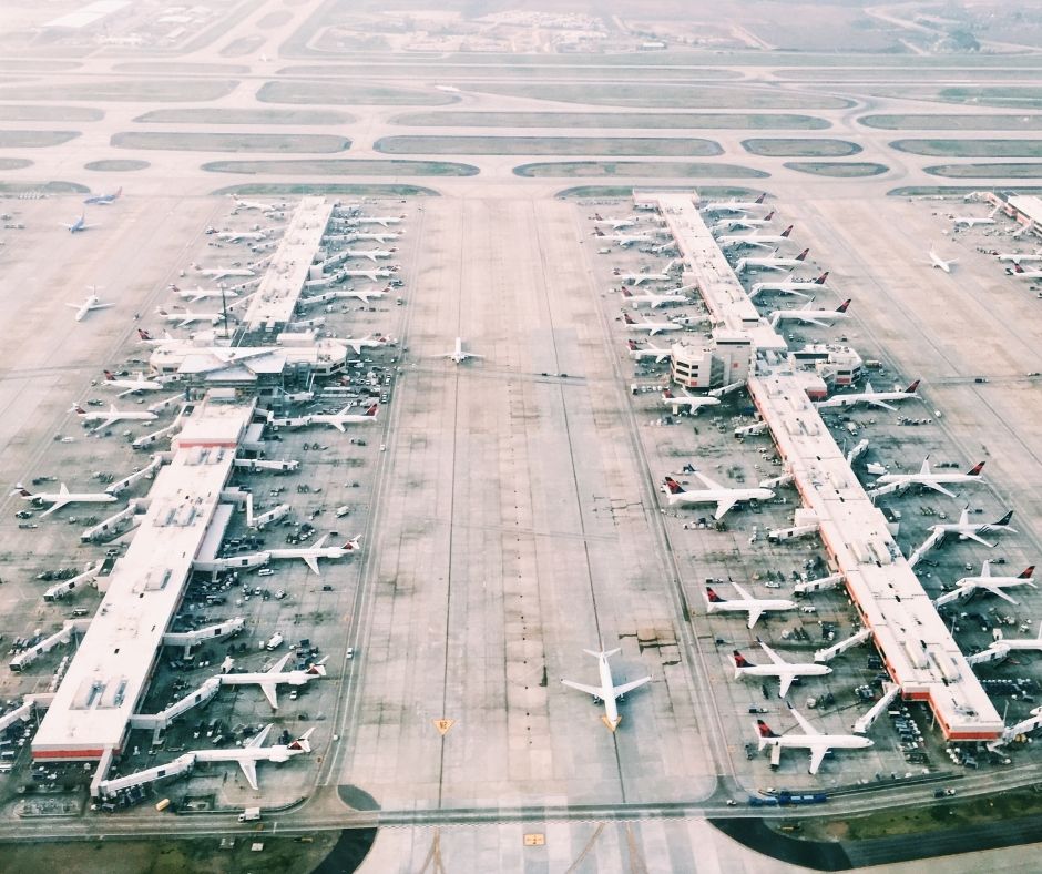 Aerial view of planes on the tarmac at an airport